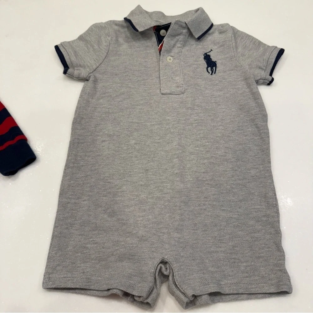 Ralph Lauren Toddler Boys Lot Of 2 Big Pony Romper /Striped Polo Shirt 12 Mo